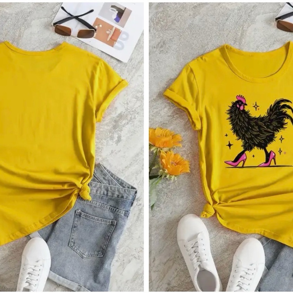 Yellow T-Shirt with Diva Chic Heeled Shoe Rooster Graphic Art Sz L - Picture 7 of 10
